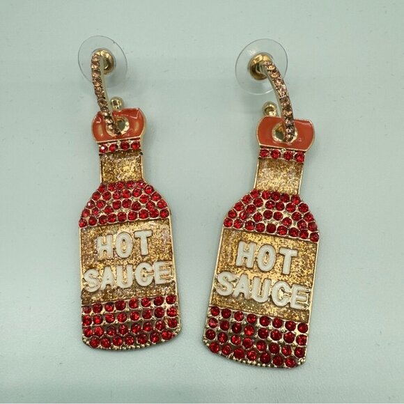Hot Sauce Bottle Statement Earrings Red and Gold Sparkly Rhinestones - Picture 3 of 9